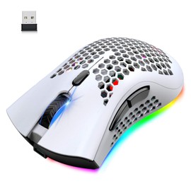Wireless Lightweight Gaming Mouse Honeycomb with 7 Button Multi RGB Backlit Perforated Ergonomic Shell Optical Sensor Adjustable DPI Rechargeable 800 mAh Battery USB Receiver for PC Mac Gamer(White)