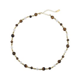 IDOKAWA Natural Tiger Eye Pearl Necklace 18K Gold Beaded Necklace for Women