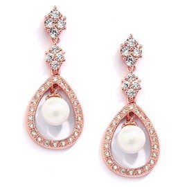 Mariell Pearl Bridal Wedding Clip-On Earrings for Bride, Rose Gold Non-Pierced Earring for Bride, Prom