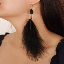 Jumwrit Vintage Feather Tassel Earrings Bohemian Long Drop Dangle Earrings Ethnic Handmade Faux Feather Statement Lightweight Hook Earrings for Women Girls, Metal Acrylic