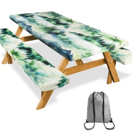 SiorVeol Picnic Table Cover with Bench Covers Camping Essentials Reusable Waterproof Windproof Camping Tablecloth Fitted Rectangle Tables and Seats, 72in, Misty Landscape