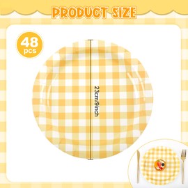 Houuqe 48Pcs Gingham Party Supplies Yellow Paper Plates 9 inches Disposable Plaid Decorative Dinner Dessert Serving Plates for Baby Shower Wedding Birthday Party