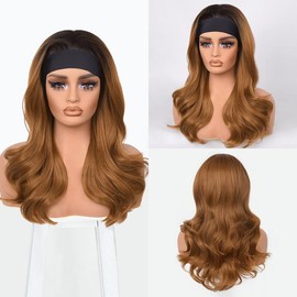 Wear and Go Body Wave Headband Wig Synthetic Wavy Wig for Black Women Glueless Wig with Headband Attached Heat Friendly 22 inch:_Chocolate Brown