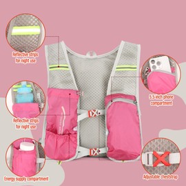 Sahunfri Women's Running Vest Pink, Lightweight Hydration Backpack with 250ml Flask & 2L Reservoir, Reflective Strips Multi-Pocket Design Adjustable Chest Strap Backpack for Running