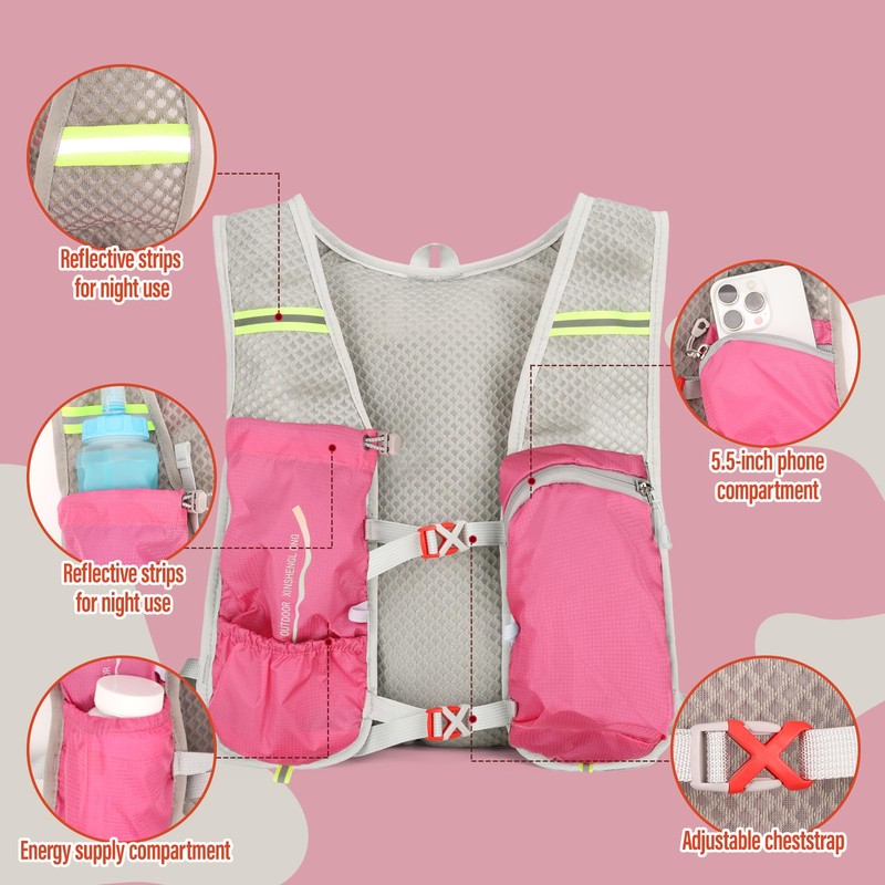 Sahunfri Women's Running Vest Pink, Lightweight Hydration Backpack with 250ml
