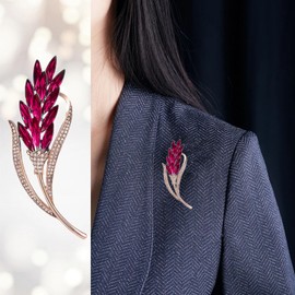 Hot Pink Fashion Brooch, Red Rhinestone Crystal Tulip Flower Brooches for Women, Elegant Boutonniere Leafy Badge, Corsage Pin Clothing Accessories for Dresses, Jewelry Gift for Bride Girl
