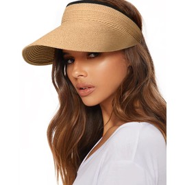 FURTALK Womens Sun Visor Hat Straw Sun Visors for Women Summer Packable Ponytail Beach Hats for Women Travel UPF 80+ Khaki