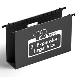 ANSOOK Plastic Legal Size Hanging File Folders,12 Pack Reinforced Black File Cabinet Folders,Heavy Duty3 Inch File Folders Hanging with Tabs,Hanging File Organizer for Office Home School