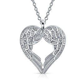 Pave Cubic Zirconia CZ Heart Kissing Feather Guardian Angel Wing Dangling Pendant Necklace For Women For Teen .925 Sterling Silver
