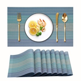 Candumy Blue Placemats for Kitchen Table Set of 8,Heat Stain Non Skid Insulation Crossweave Woven Textilene Vinyl PVC Washable Tablemats for Dinner Table