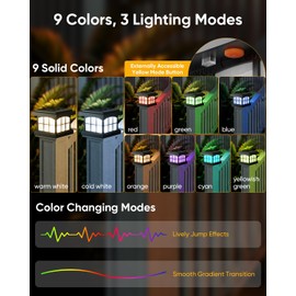 PARTPHONER RGBCW Solar Post Cap Lights 2-Pack, 9 Colors 3 Modes Fence Cap Lights, Bright Solar Outdoor Waterproof LED Deck Lighting for Fence Garden Deck Patio Porch Decor 4x4 Vinyl/Wood, Black