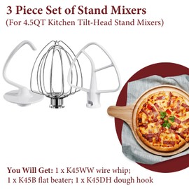 LETOMS Stand Mixers Accessories 3-Piece Including K45WW Wire Whip & K45DH Dough Hook & K45B Flat Beater fit for Kitchenaid 4.5-5QT Tilt-Head Stand Mixers