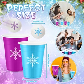 VioraWhite 22 Pcs Christmas Snowflakes Party Game Set Plastic Winter Cups with 8 Snowflake Balls Beer Game Set 16oz Disposable Snowflakes Cups and Balls for Party Games Favors Birthday Supplies