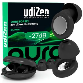 Earplugs for Travel, Sleeping, Learning, Noise Reduction, 27 dB, UdiZen Aura - 1 Pair of Ergonomic Reusable Noise Cancelling Earplugs SNR 27 dB Colour Black with Hard Case