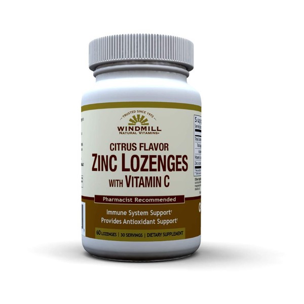 Windmill Health Natural Vitamins Zinc Lozenges with Vitamin C Honey Lemon Flavor, Immune System Support, Provides Antioxidant Support, Delicious & Fast Acting, 60 Lozenges, 30 Servings.