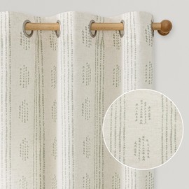 ugoutry Boho Linen Curtains for Bedroom Living Room Sage Green Farmhouse Boho Curtains 63 Inch Length Geometric Striped Patterned Mudcloth Grommet Top Rustic Window Drapes 2 Panels Green on Beige
