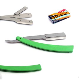 OdontoMed2011® PROFESSIONAL STRAIGHT BARBER EDGE STEEL RAZORS FOLDING SHAVING KNIFE GREEN FOLDING HAIR REMOVAL SHAVING RAZOR DOUBLE (Green Handle + 11 Blades)