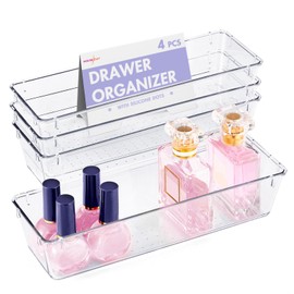 HOUSE DAY HOUSE DAY Desk Drawer Organizer Bins 4 PCS, 9*3*2" Clear Drawer Organizers with Silicone Pads, Vanity Organizers and Storage, Non Slip Plastic Drawer Organizer for Makeup, Bathroom, Kitchen, Office