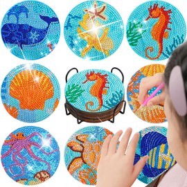 SGUBST Diamond Painting Coasters Kits, 8 Pcs Art with Holder, DIY Crafts Kits - Ocean Animal Coasters Art for Adults Beginners