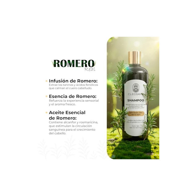 CLEOSKIN Shampoo de Romero con Bergamota para Crecimiento Cabello Champú