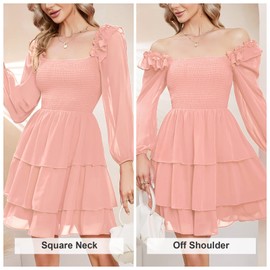 Byinns Women's Smocked Ruffle Mini Dress Square Neck Long Sleeve Party Dress Cute Cottagecore Wedding Guest Dress Light Pink