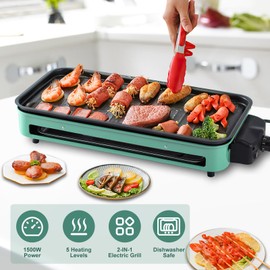 1500W Electric Indoor Grill,2 in 1 Smokeless Indoor Grills,Portable Korean BBQ Raclette Table Grill for Kitchen with Grill Net & Non-Stick Cooking Removable Plate 5 Temperature Control,Dishwasher Safe