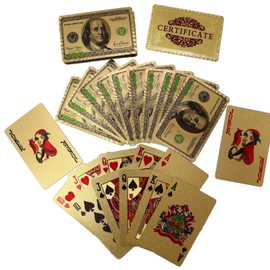 Deck of 24k Gold Foil Plating Poker Plastic Playing Cards with Mahogany Wood Box Includes Certificate of Authenticity Double Sided Color Printed Rendered Etching $100 Benjamin Franklin Logo Design