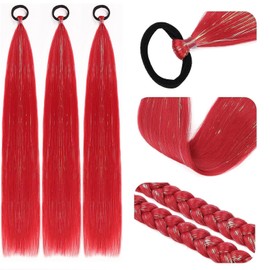 PORSMEER 3 Pack 24 Inch Hair Tinsel Colored Braided Ponytail Extension Gradient Hair Extensions with Elastic Tie Straight Sleek Wrap Around Hair for Braids (Red)