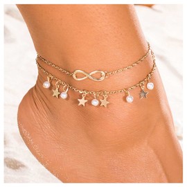 Inilbran Boho Infinity Ankle Bracelets Lucky 8 Anklets Bracelet Layered Pearl Pendant Chain Anklet Gold Star Drop Anklet Jewellery for Women and Girls, Stone
