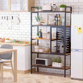 Anivia 5 Tier Bookshelf Tall Industrial Bookcase Wood Metal Frame Standing Book Shelf, Display Bookshelves Storage Organizer for Bedroom Living Room Home Office, Teak/Black