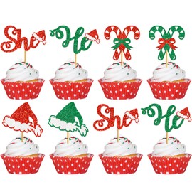 24PCS Christmas Gender Reveal Cupcke Topper Christmas He or She Cupcake Topper Christmas Gender Reveal Party Decorations Christmas Gender Reveal Party Supplies