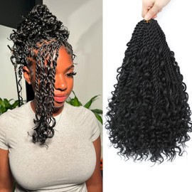 Auxemuen Senegalese Twist Crochet Hair 8Packs Boho Island Twist Crochet Hair with Curly Ends 14Inch Pre Looped Goddess Crochet Twists Hair Extensions for Black Women(1B)