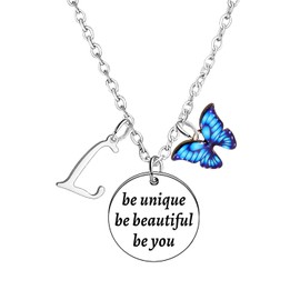 BESPMOSP Necklace Gifts for Women Girls Blue Butterfly Pendant Necklace Letter A-Z Necklace Butterflies Gifts Encouragement Initial Necklace Inspirational Necklace Jewellery Gifts (Letter L Necklace)
