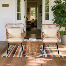 Tappio 3 Piece Outdoor Wicker Bistro Set, Patio Conversation Sets w/2 Large Rattan Chairs and Tempered Glass Table, Patio Furniture for Balcony, Porch, Poolside, Backyard, Beige