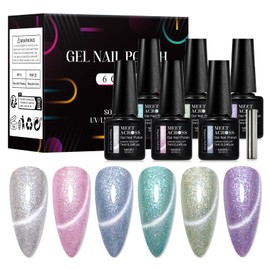 MEET ACROSS Gel Nail Polish Set, 6 Colors Cat Eye Shimmer Collection, 7ml/0.24fl.oz Each, UV LED Soak Off (Set-9, 6pcs)