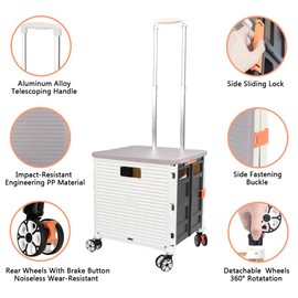 FELICON SELORSS Foldable Utility Cart Folding Portable Rolling Crate Handcart with Durable Heavy Duty Plastic Telescoping Handle Collapsible 4 Rotate Wheels for Travel Shop Move Luggage Office(White)