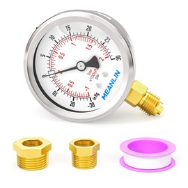MEANLIN MEASURE -30inHg~30PSI Glycerin Filled Vacuum Pressure Gauge, Stainless Steel 1/4" BSP 2.5" FACE DIAL Lower Mount, with 1/4" x 1/2" BSP and 1/4" x 3/8" BSP Hex Bushing