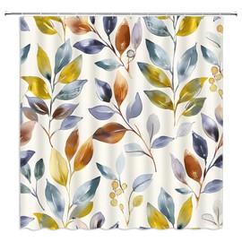 Boho Leaf Shower Curtain Spring Summer Modern Colorful Botanical Branch Leaves Abstract Natural Plant Century Neutral Farmhouse Fabric Bathroom Decor Curtains with Hooks,70 x 70