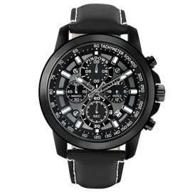 PINDOWS Watches for Men, Men's Analog Quartz Chronograph Watches Waterproof Business Casual Dress Watch with Black Brown Leather Strap