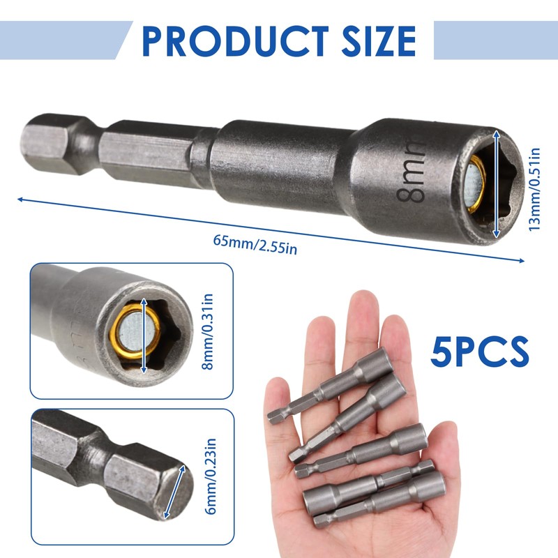 5Pcs 1/4" Hex Shank 8mm x 65mm Magnetic Nut Setter