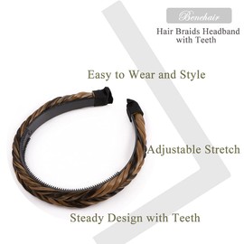 Benehair Braid Headband with Teeth Chunky Braided Hair Band Accessories for Women Kids Synthetic Plaited Hairband Braiding Hairpiece Dark Brown & Sandy Blonde 45g