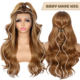BABEHERS Honey Blonde Lace Front Wig 13x4 Pre Plucked Body Wave Synthetic Lace Front Wig for Women Highlight Heat Resistant Hair 22 Inch Daily Use