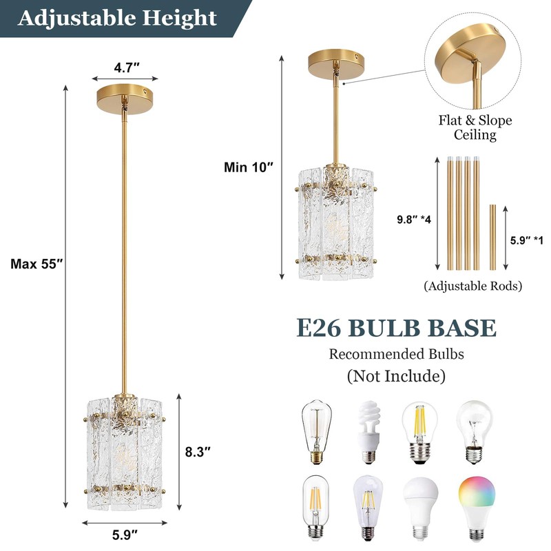 RUIBOOXIN Gold Glass Pendant Lights Kitchen Island, Water Ripple Round
