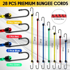 Yoojahow 28 Pcs Bungee Cords with Hooks Heavy Duty Elastic Bungee Straps Outdoor Cord for Camping, Tent, Kayaking, Garage Storage(Multicolor,6,10,18,24,32,40,48)