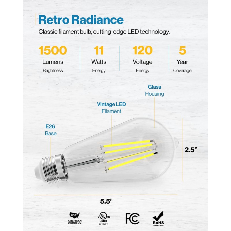 Sunco 10 Pack ST64 Vintage Edison LED Bulb, 1500 Lumens