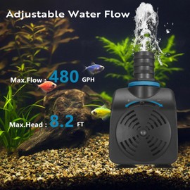 TONGCHANT 35W 480GPH Submersible Water Pump for Aquarium, Pond&Fish Tank, Fountain Pump with Adjustable Flow Control Valve and 3 Nozzles (1/2", 2/3", 3/4"), 8.2ft High Lift & Ultra-Quiet, ETL Listed