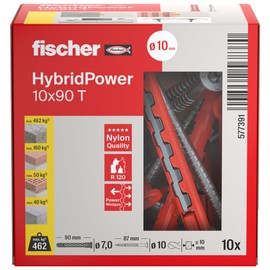 fischer HybridPower 10 x 90 T, dowels for maximum load capacity and safety, easy installation without setting tools, universal for perforated and solid building materials, masonry, concrete, safe even