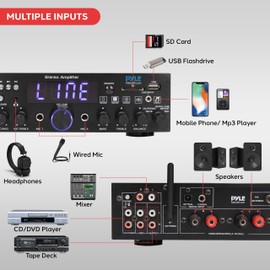 Pyle Wireless Bluetooth Home Stereo Amplifier- Multi-Channel, 200W Power Amplifier, Home Audio Receiver System w/ Optical/ Phono/ Coaxial, FM Radio, USB/SD,AUX, RCA, Mic in, Antenna, Remote- PDA4BU.5