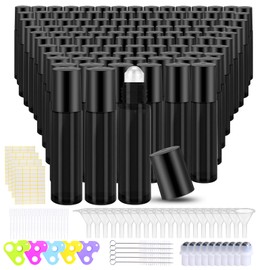 150 Pcs Essential Oil Roller Bottles 10 ml Leakproof Empty Glass Roll on Bottles with Stainless Steel Roller Balls with 20 Funnels 20 Droppers 5 Opener for Travel Perfume Essential Oil (Black)