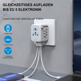 Travel Adapter Worldwide, Universal Socket Adapter International with Indicator Light Worldwide Supports 3 USB and 1 Type-C Travel Plug Adapter for Travel and Connection for EU UK AUS Asia White